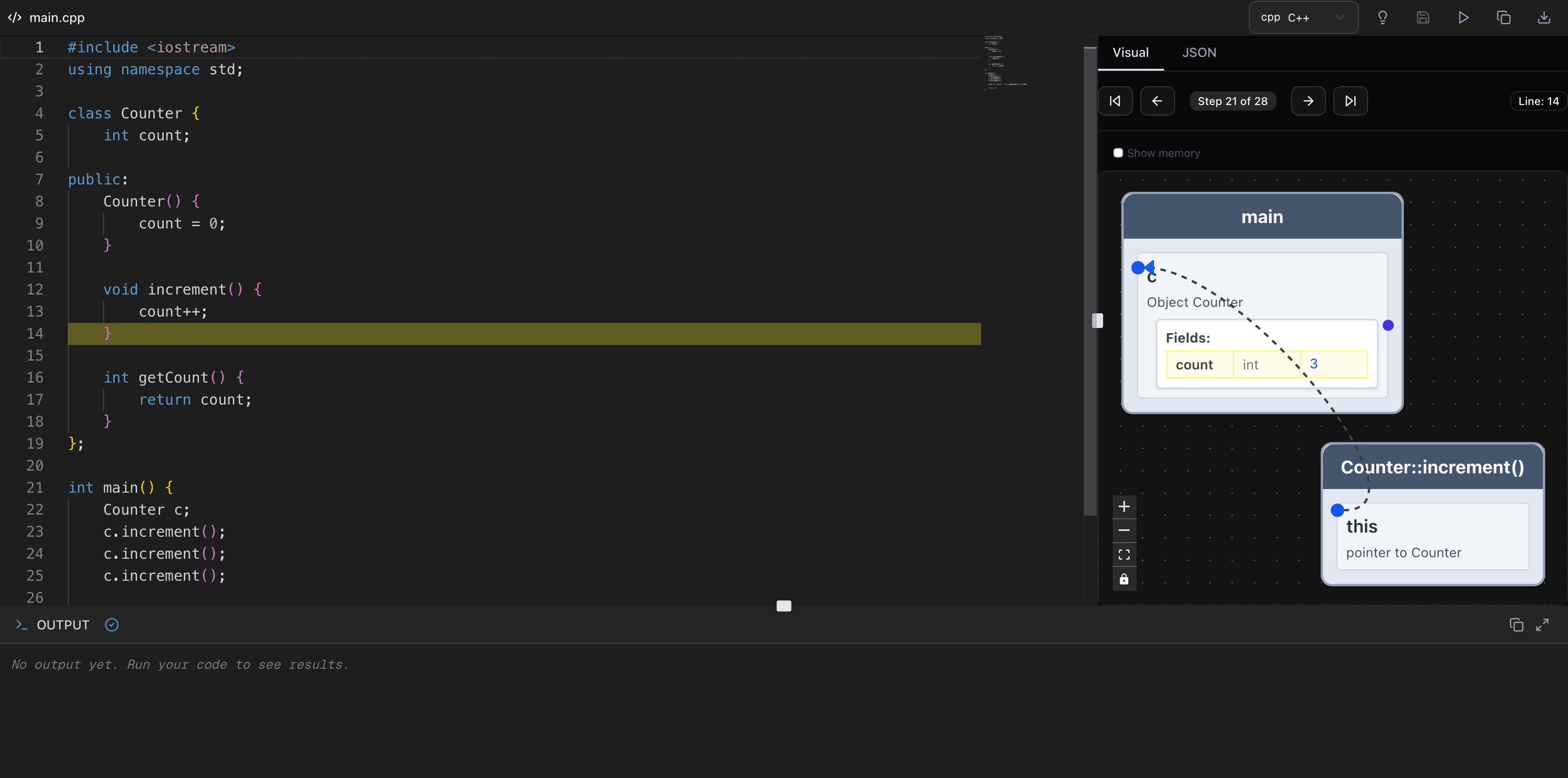 Uyren Tutor IDE stepping through a C++ class