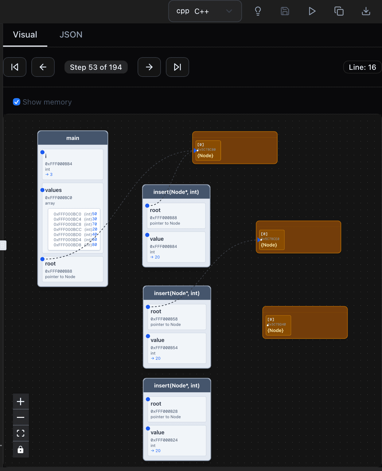 Stack and heap visualization mid-run